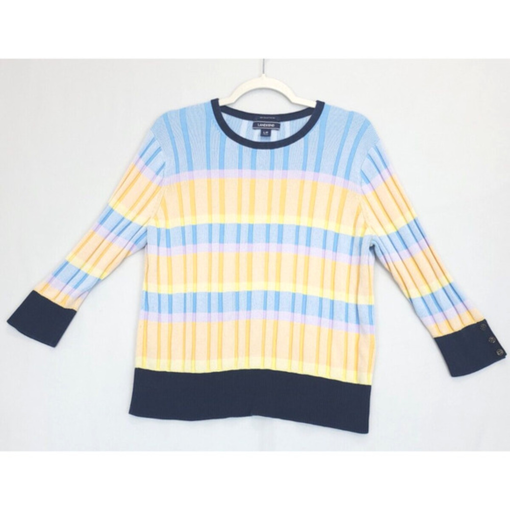 Lands End Women LP Sweater Pastel Stripe Supima Cotton Crewneck Knit Preppy
